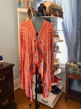 Umgee Orange Open Front Cardigan Boho Festival Aztec Western Long Knit Duster